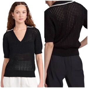 Varley Black Monte V-neck Short Sleeve Knit Cotton Polo Small